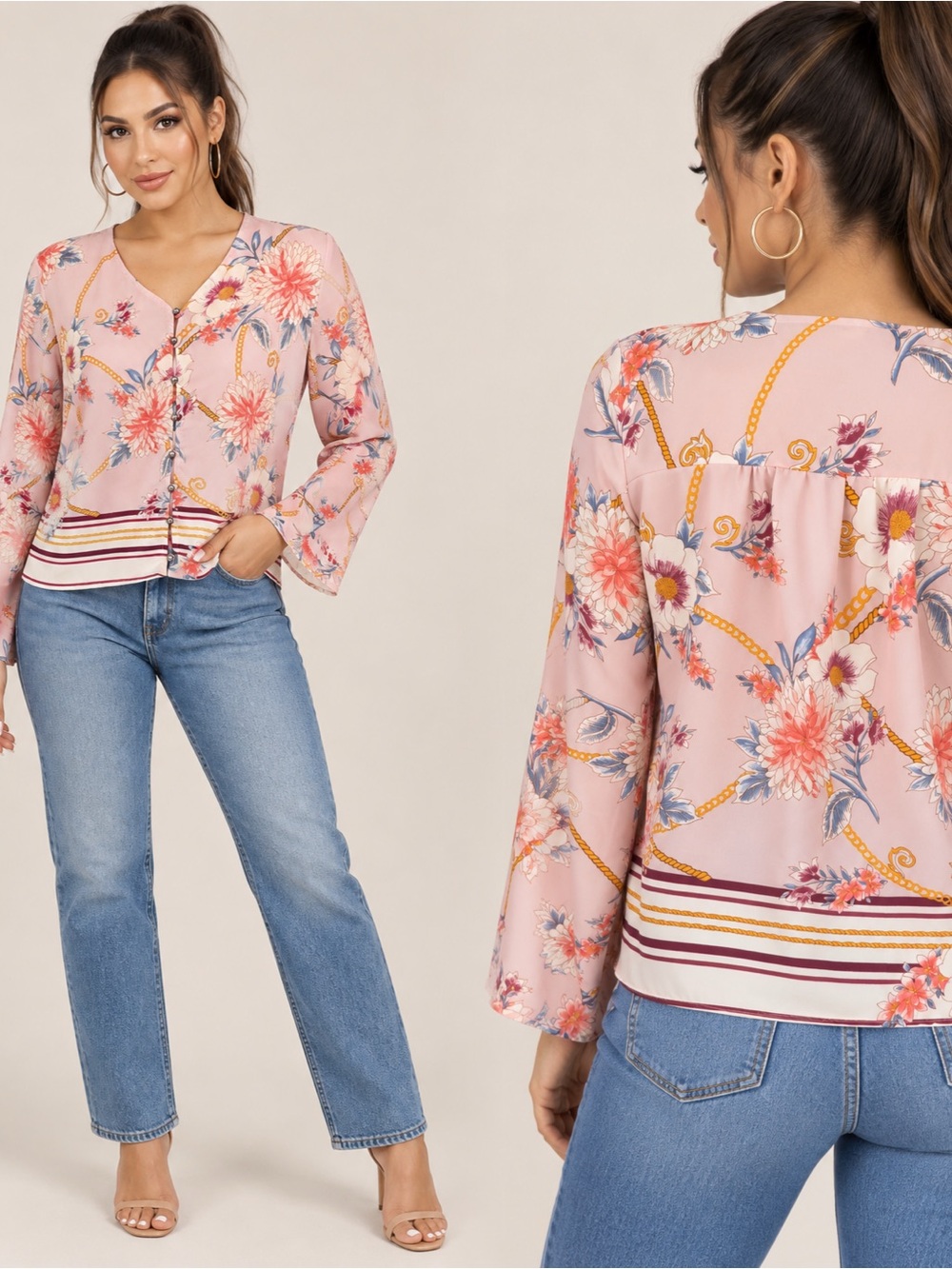 URBAN Romantics Pink Floral V-Neck Long-Sleeve Blouse